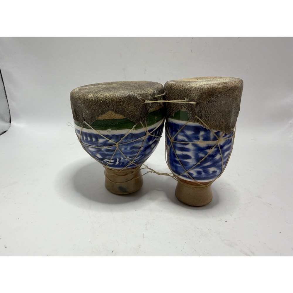 Handmade Ceramic Bongo Drums Pair Natural Skin Heads Ethnic Folk